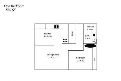 Floor plan for 1 bed, 1 bath, 598 sqft